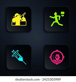Set Headshot, Murder, Syringe and . Black square button. Vector