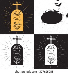 Set of headstone. Halloween calligraphy set with headstone. Headstone, bat and splash silhouette. Hand drawn typography poster Trick or Treat. Halloween lettering banner