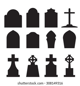 Set Of Headstone, Headstone And Tombstone Silhouette In Europe Style. Vector Illustration.