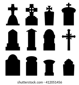 Set Of Headstone, Headstone And Tombstone Silhouette In Europe Style. Vector Illustration.