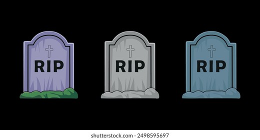 Set of Headstone, Tombstone Vector illustration, RIP Gravestones with Cross for Halloween, cemetery or tomb, funeral elements concept