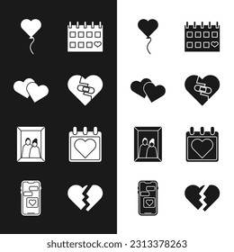 Set Healed broken heart, Heart, Balloon in form of, Calendar with, Picture frame, Broken and Mobile icon. Vector