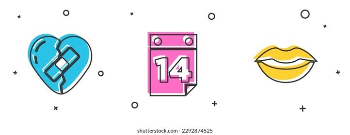 Set Healed broken heart, Calendar with February 14 and Smiling lips icon. Vector