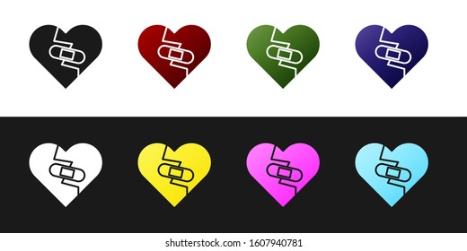 Set Healed broken heart or divorce icon isolated on black and white background. Shattered and patched heart. Love symbol. Valentines day.  Vector Illustration