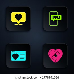 Set Healed broken heart, Like and, Dating app online and Mobile with. Black square button. Vector