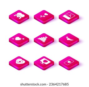 Set Healed broken heart, Like and, Amour with arrow, Wedding cake, Online dating app chat, Heart wings, Diamond engagement ring and shape flower icon. Vector