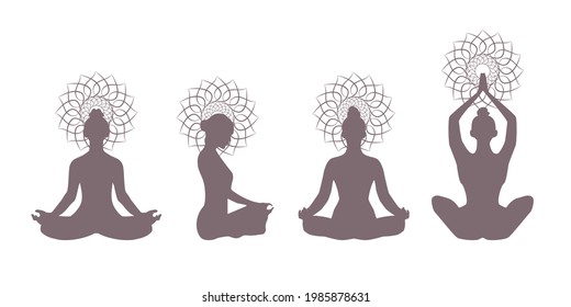 Set of healing yoga poses women icons decoration with flowers pattern. Yoga poses woman silhouette. Vector illustration. Card, logo, greeting, invitation and web design.