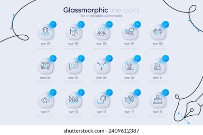 Set of Health app, Global business and Veins line icons for web app. Genders, Safe time, Chef icons. Consult, Eye drops, Equality signs. Team work, Video conference, Social distance. Vector