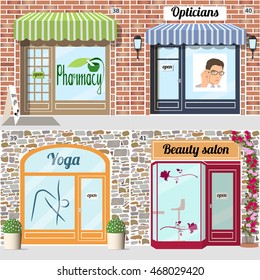 Set of health and beauty shops. Beauty salon, yoga, pharmacy, opticians shop facade. Vector illustration EPS10.