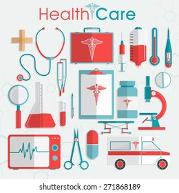 Set of Health Care elements including medical tools, medicines and ambulance on grey background.