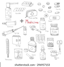 Set of health care and medicine hand drawn icons, doodle medical elements, vector background with wellness freehand drawings. Vector sketch illustration