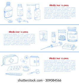 Set of health care and medicine hand drawn icons, doodle medical elements, vector background with wellness freehand drawings. Vector sketch illustration