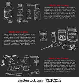 Set of health care and medicine hand drawn icons, doodle medical elements, vector background with wellness freehand drawings Vector sketch illustration with outlined medical icons