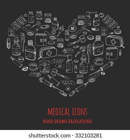 Set of health care and medicine hand drawn icons, doodle medical elements, vector background with wellness freehand drawings Vector sketch illustration with outlined medical icons