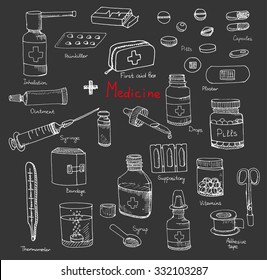 Set of health care and medicine hand drawn icons, doodle medical elements, vector background with wellness freehand drawings Vector sketch illustration with outlined medical icons