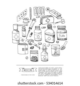 Set of health care and medicine hand drawn icons, doodle medical elements. Background with wellness freehand drawings. Vector sketch illustration. Pills drug, patch, injection, pharmacy syrup, capsule