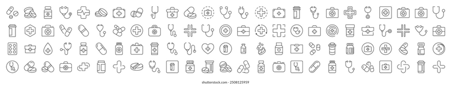 Set of Health Care Related Line Icons. Editable Stroke for Design, Web Sites, Apps, Cards. Contains Linear Images of Medical Cross, Pills, Stethoscope, Suitcase