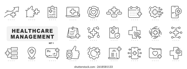 Conjunto de ícones de linha relacionados ao gerenciamento de cartões de integridade. Diagnóstico, monitorização, registro, etc. Traçado editável