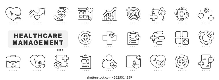 Set of health carte management related line icons. Diagnosis, monitoring, record etc. Editable stroke. Set 2