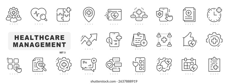 Set of health carte management related line icons. Diagnosis, monitoring, record etc. Editable stroke. Set 3