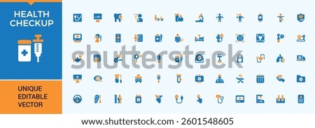 Set of Health Checkup colorful solid icon. Included hospital, checkup, medical, diagnosis, report, laboratory, check and more. Filled symbol collection. Health icon set. Vector collections.