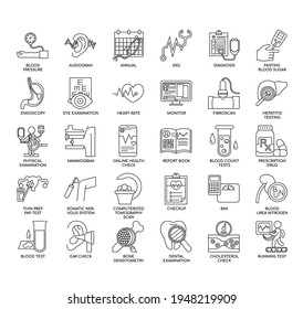 Set of health checkup thin line and pixel perfect icons for any web and app project. 
