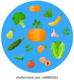 Set of health food icons in a flat style. Vegetables and fruit