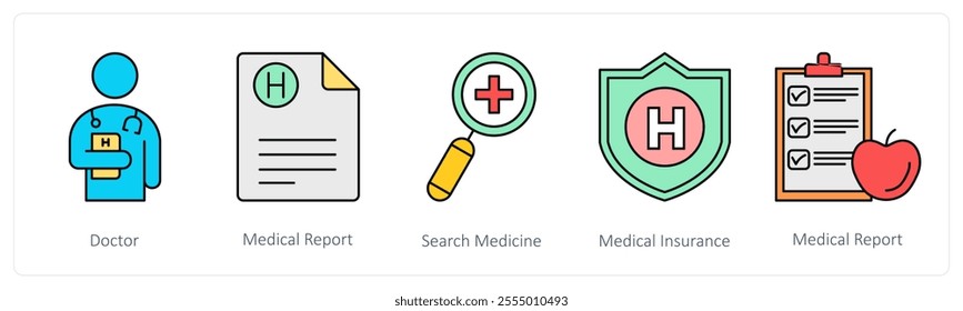 A set of health icons as doctor, medical report, search medicine