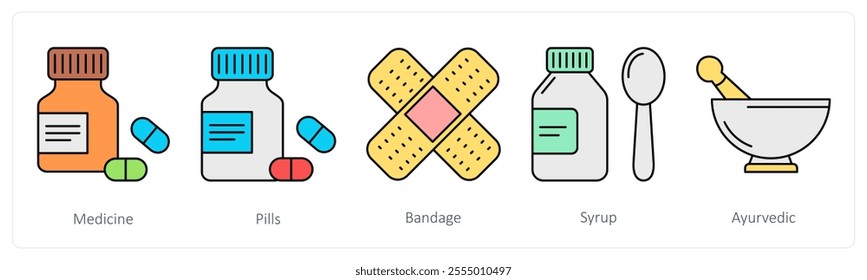 A set of health icons as medicine, pills, bandage