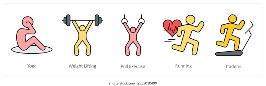 A set of health icons as yoga, weight lifting, pull exercise