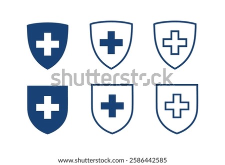 set of Health insurance icon, Insurance health, medical health protection shield with cross set icons, healthcare medicine protected guard shield concept, safety badge icon, security safeguard label .