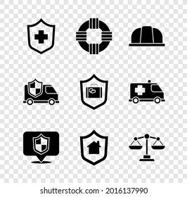 Set Health insurance, Lifebuoy, Worker safety helmet, Location shield, House with, Scales of justice, Car and Travel suitcase icon. Vector