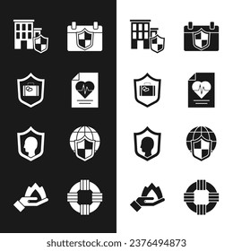 Set Health insurance, Travel suitcase with shield, House, Calendar, Life, Shield world globe, Lifebuoy and Hand holding fire icon. Vector
