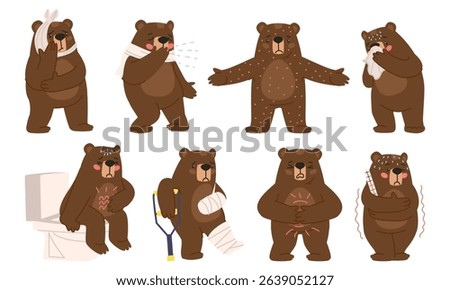 Set of health problems in a brown bear animal. The bear got a cold. Broke his leg and arm. An animal with a bad stomach and a bad tooth. Flat vector illustration, eps10