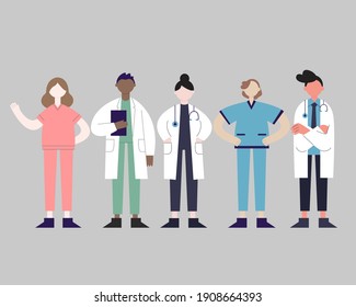 Set of health professionals from different races and uniform
