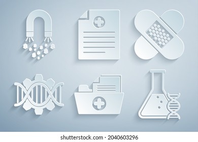 Set Health record folder, Crossed bandage plaster, Genetic engineering, DNA research, search, Clinical and Magnet with money icon. Vector