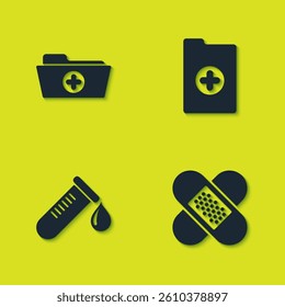 Set Health record folder, Crossed bandage plaster, Test tube with drop of blood and Clinical icon. Vector