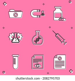 Set Health record folder, Customer attracting, Medicine bottle and pills, Bioengineering, DNA research, search and Syringe icon. Vector