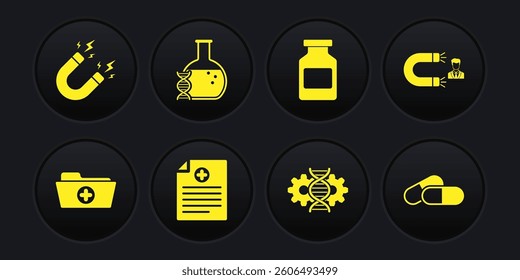 Set Health record folder, Customer attracting, Clinical, Gene editing, Medicine bottle and DNA research, search icon. Vector