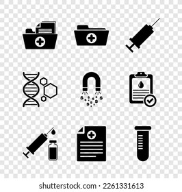 Establezca la carpeta de registro de salud, , Jeringa, jeringa médica y vial, icono del matraz de tubo clínico y de prueba. Vector