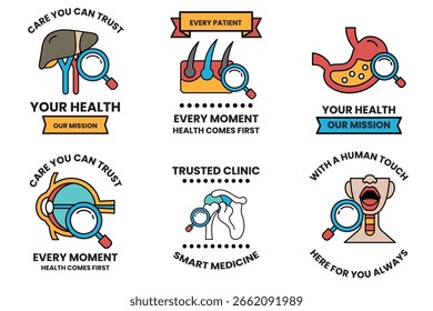 Um conjunto de emblemas relacionados à saúde com uma lupa no meio