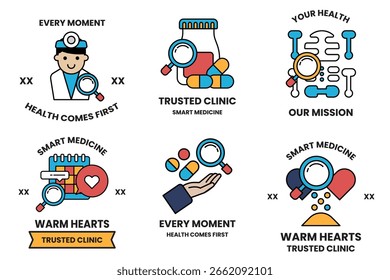 A set of health related badges with a magnifying glass in the middle