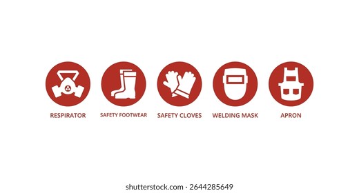 Set of health safety icons and caution signs illustrating equipment warnings, workplace hazards, protective gear and compliance symbols for industrial use