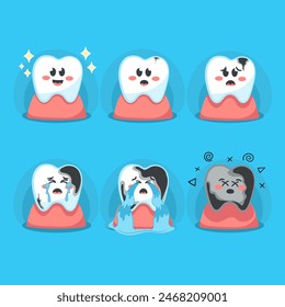 Set of health and sick tooth character dental treatment, different tooth conditions. oral dental hygiene