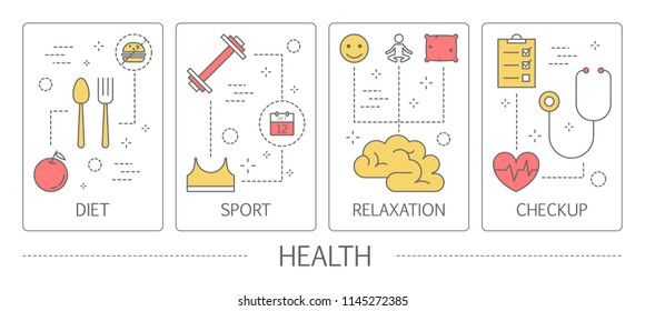 Set of health vertical banners. Idea of medicine and healthcare. Diet, sport, relaxation and checkup. Set of medical icons. Isolated flat vector illustration