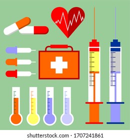a set of health world icons such as syringes, thermometers, medicine capsules, drip pipes, doctor's bags and a healthy heart,
collection of colorful icons about the medical world