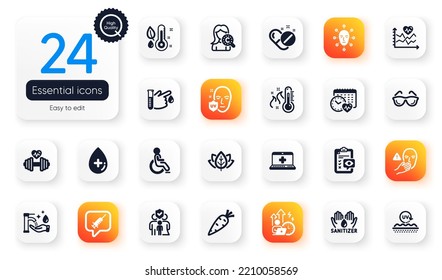 Set Of Healthcare Flat Icons. Collagen Skin, Eye Checklist And Washing Hands Elements For Web Application. Medical Help, Blood Donation, Uv Protection Icons. Thermometer. Vector