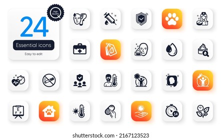 Set of Healthcare flat icons. Electronic thermometer, Vaccine protection and Capsule pill elements for web application. Vision board, Leaves, First aid icons. Shield, Quarantine. Vector