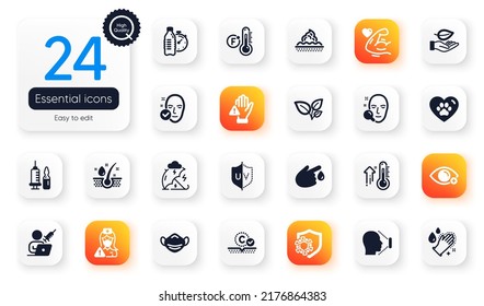 Set Of Healthcare Flat Icons. Face Search, Coronavirus And Washing Hands Elements For Web Application. Blood Donation, Uv Protection, Dont Touch Icons. Fahrenheit Thermometer. Vector