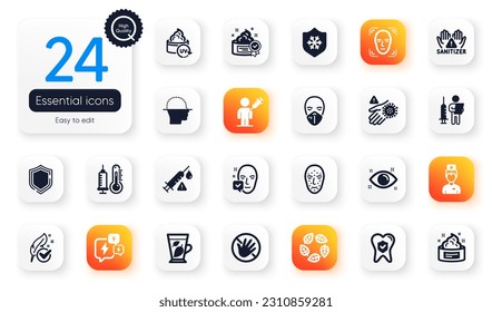 Set of Healthcare flat icons. Face accepted, Doctor and Clean hands elements for web application. Cream, Dental insurance, Mint leaves icons. Hypoallergenic tested, Stress. Vector